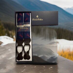 NIB Brooks Brothers Lobster 🦞 Red Print On Blue‎ Mens Suspenders Silk , Leather